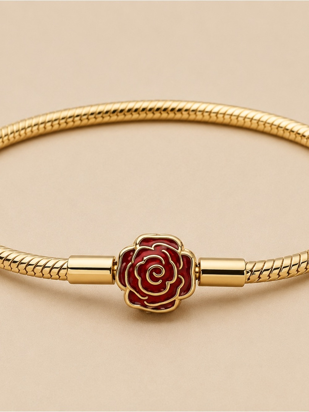 Gold-Tone Bracelet with Red Rose Charm